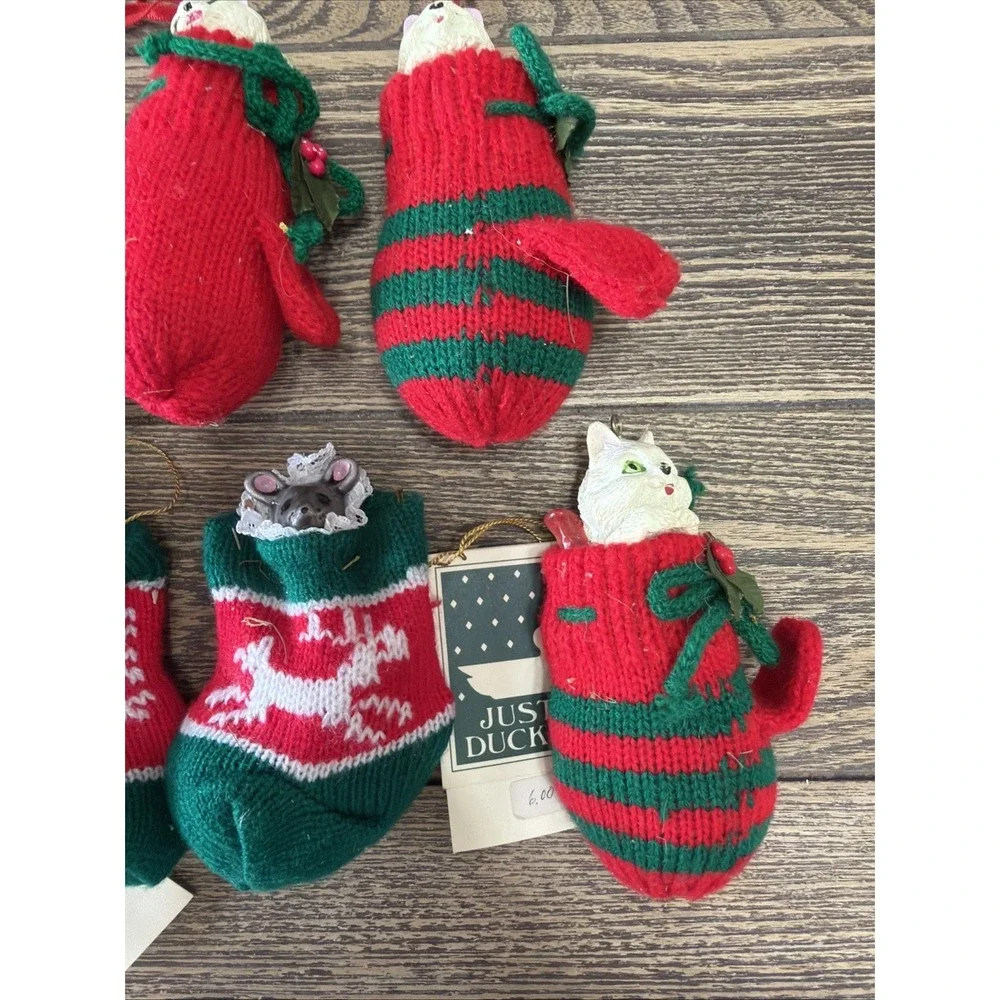 VTG 1988 Just Ducky & Cat‎ Stockings Mittens Christmas Ornaments Nostalgic